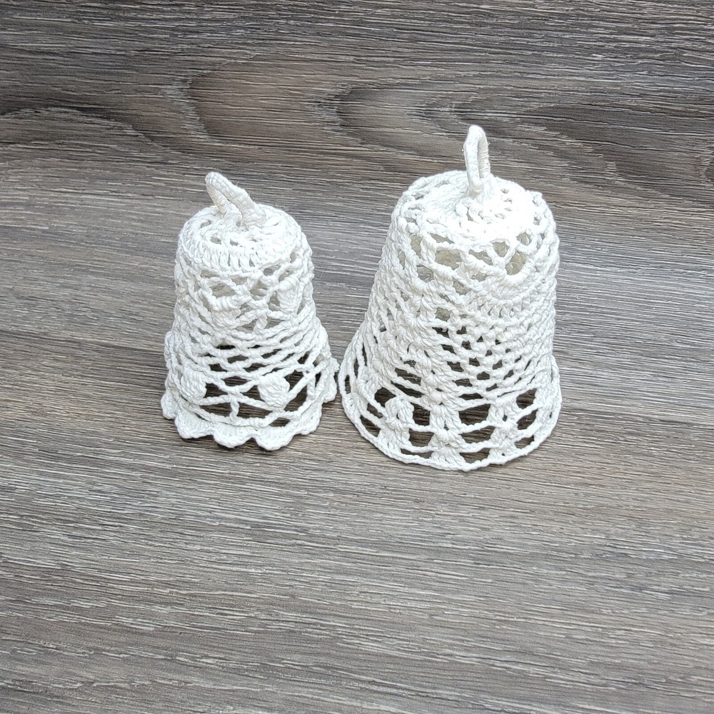 Christmas Ornament Lot of 2 Crochet Bells Hardened White‎ Medium Large Hanging